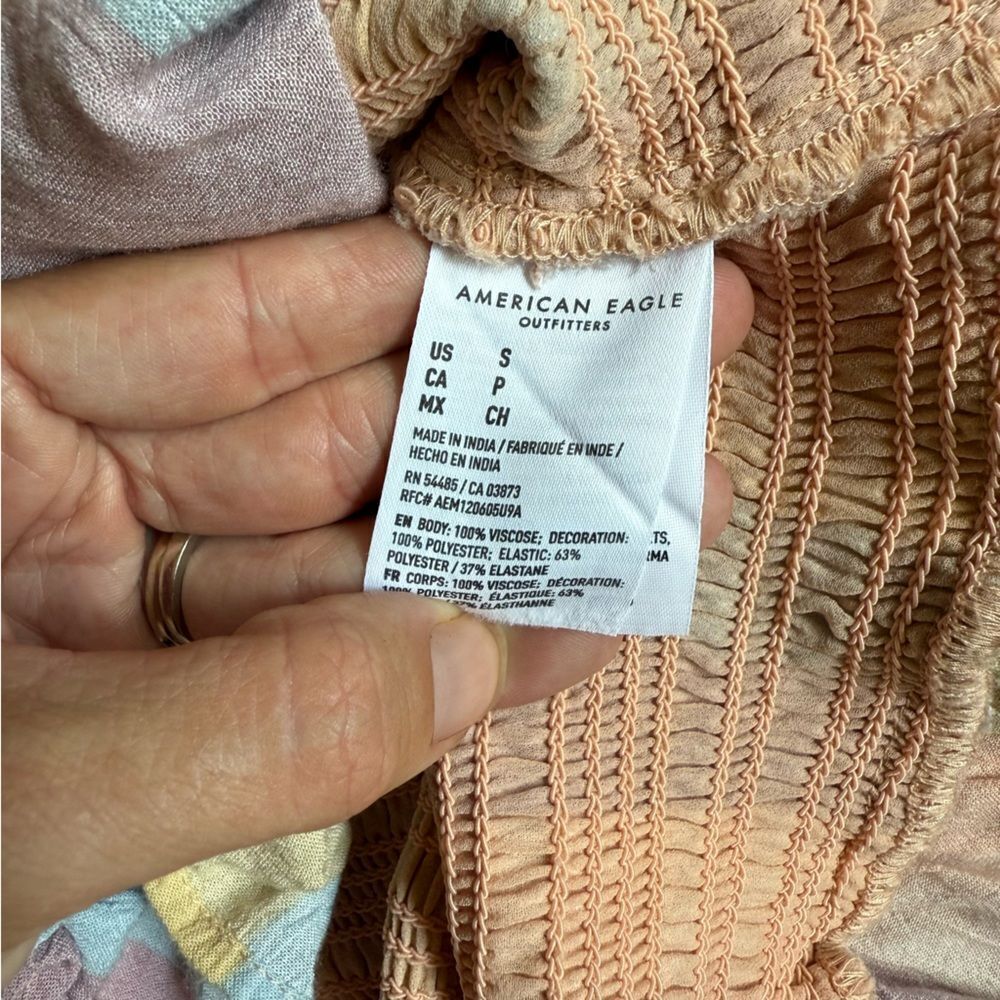 Small American Eagle Smocked BodyCon Dress with Ruffle Hem Multicolor Pastel - Picture 9 of 10